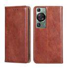 For Huawei P60 / P60 Pro Gloss Oil Solid Color Magnetic Leather Phone Case(Brown) - 1