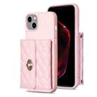 For iPhone 14 Plus Horizontal Metal Buckle Wallet Rhombic Leather Phone Case(Pink) - 1