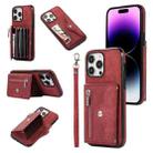 For iPhone 14 Zipper RFID Card Slot Phone Case with Short Lanyard(Red) - 1