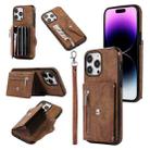 For iPhone 14 Zipper RFID Card Slot Phone Case with Short Lanyard(Brown) - 1