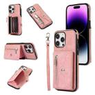 For iPhone 14 Plus Zipper RFID Card Slot Phone Case with Short Lanyard(Rose Gold) - 1