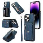 For iPhone 14 Plus Zipper RFID Card Slot Phone Case with Short Lanyard(Blue) - 1