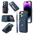 For iPhone 14 Pro Max Zipper RFID Card Slot Phone Case with Short Lanyard(Blue) - 1