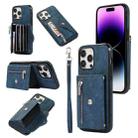 For iPhone 13 Zipper RFID Card Slot Phone Case with Short Lanyard(Blue) - 1