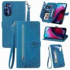 For Motorola Moto G Stylus 2022 Embossed Flower Zipper Leather Phone Case(Blue) - 1