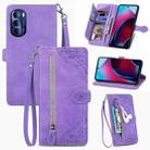 For Motorola Moto G Stylus 2022 Embossed Flower Zipper Leather Phone Case(Purple) - 1