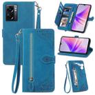 For OPPO A77 Embossed Flower Zipper Leather Phone Case(Blue) - 1