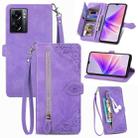 For OPPO A77 Embossed Flower Zipper Leather Phone Case(Purple) - 1