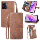 For OPPO A77 Embossed Flower Zipper Leather Phone Case(Brown) - 1