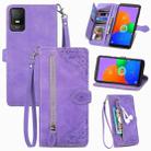 For TCL 403 Embossed Flower Zipper Leather Phone Case(Purple) - 1