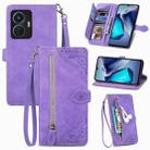 For vivo T1 Embossed Flower Zipper Leather Phone Case(Purple) - 1