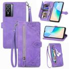 For vivo Y76 5G Embossed Flower Zipper Leather Phone Case(Purple) - 1