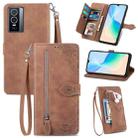 For vivo Y76 5G Embossed Flower Zipper Leather Phone Case(Brown) - 1
