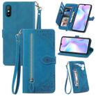 For Xiaomi Redmi 9A Embossed Flower Zipper Leather Phone Case(Blue) - 1