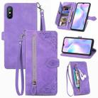 For Xiaomi Redmi 9A Embossed Flower Zipper Leather Phone Case(Purple) - 1