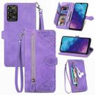 For ZTE Blade V30 Vita Embossed Flower Zipper Leather Phone Case(Purple) - 1