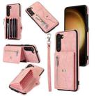 For Samsung Galaxy S23 Ultra 5G Zipper RFID Card Slots Phone Case with Short Lanyard(Rose Gold) - 1