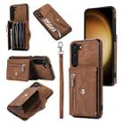 For Samsung Galaxy S23 Ultra 5G Zipper RFID Card Slots Phone Case with Short Lanyard(Brown) - 1