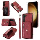 For Samsung Galaxy S22 5G Zipper RFID Card Slots Phone Case with Short Lanyard(Red) - 1