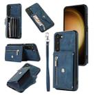 For Samsung Galaxy S22 Ultra 5G Zipper RFID Card Slots Phone Case with Short Lanyard(Blue) - 1