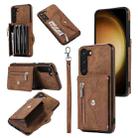 For Samsung Galaxy S22 Ultra 5G Zipper RFID Card Slots Phone Case with Short Lanyard(Brown) - 1