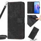For OPPO Reno6 5G Skin Feel Stripe Pattern Leather Phone Case with Lanyard(Black) - 1