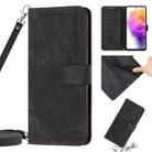 For Samsung Galaxy A02s US 166mm Skin Feel Stripe Pattern Leather Phone Case with Lanyard(Black) - 1