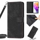 For Samsung Galaxy A03s 166mm Skin Feel Stripe Pattern Leather Phone Case with Lanyard(Black) - 1