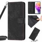 For Samsung Galaxy A11 / M11 Skin Feel Stripe Pattern Leather Phone Case with Lanyard(Black) - 1