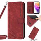 For Samsung Galaxy A12 4G / M12 / F12 4G Skin Feel Stripe Pattern Leather Phone Case with Lanyard(Red) - 1