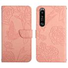 For Sony Xperia 1 V HT03 Skin Feel Butterfly Embossed Flip Leather Phone Case(Pink) - 1