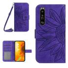 For Sony Xperia 1 V HT04 Skin Feel Sun Flower Embossed Flip Leather Phone Case with Lanyard(Dark Purple) - 1