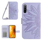 For Sony Xperia 10 V HT04 Skin Feel Sun Flower Embossed Flip Leather Phone Case with Lanyard(Purple) - 1