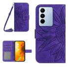 For vivo V27 HT04 Skin Feel Sun Flower Embossed Flip Leather Phone Case with Lanyard(Dark Purple) - 1