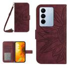 For vivo V27 HT04 Skin Feel Sun Flower Embossed Flip Leather Phone Case with Lanyard(Wine Red) - 1