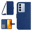 For vivo V27 HT04 Skin Feel Sun Flower Embossed Flip Leather Phone Case with Lanyard(Dark Blue) - 1