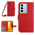 For vivo V27 HT04 Skin Feel Sun Flower Embossed Flip Leather Phone Case with Lanyard(Red) - 1