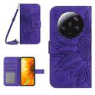 For Xiaomi 13 Ultra HT04 Skin Feel Sun Flower Embossed Flip Leather Phone Case with Lanyard(Dark Purple) - 1
