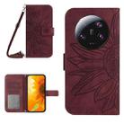 For Xiaomi 13 Ultra HT04 Skin Feel Sun Flower Embossed Flip Leather Phone Case with Lanyard(Wine Red) - 1
