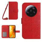 For Xiaomi 13 Ultra HT04 Skin Feel Sun Flower Embossed Flip Leather Phone Case with Lanyard(Red) - 1