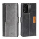 For Tecno Spark 8C Contrast Color Side Buckle Leather Phone Case(Black + Grey) - 1