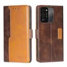 For Tecno Spark 8C Contrast Color Side Buckle Leather Phone Case(Dark Brown + Gold) - 1