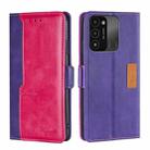For Tecno Spark 8C Contrast Color Side Buckle Leather Phone Case(Purple + Rose Red) - 1