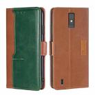 For ZTE Blade A32 Contrast Color Side Buckle Leather Phone Case(Light Brown + Green) - 1