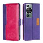 For Huawei P60 / P60 Pro Contrast Color Side Buckle Leather Phone Case(Purple + Rose Red) - 1