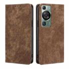 For Huawei P60 / P60 Pro RFID Anti-theft Brush Magnetic Leather Phone Case(Brown) - 1