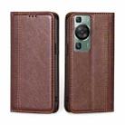 For Huawei P60 / P60 Pro Grid Texture Magnetic Flip Leather Phone Case(Brown) - 1