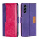 For Samsung Galaxy M14 5G Contrast Color Side Buckle Leather Phone Case(Purple + Rose Red) - 1