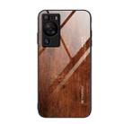 For Huawei P60 Wood Grain Glass Phone Case(Dark Brown) - 1
