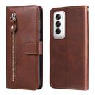 For OPPO Reno12 5G Global Fashion Calf Texture Zipper Leather Phone Case(Brown) - 1